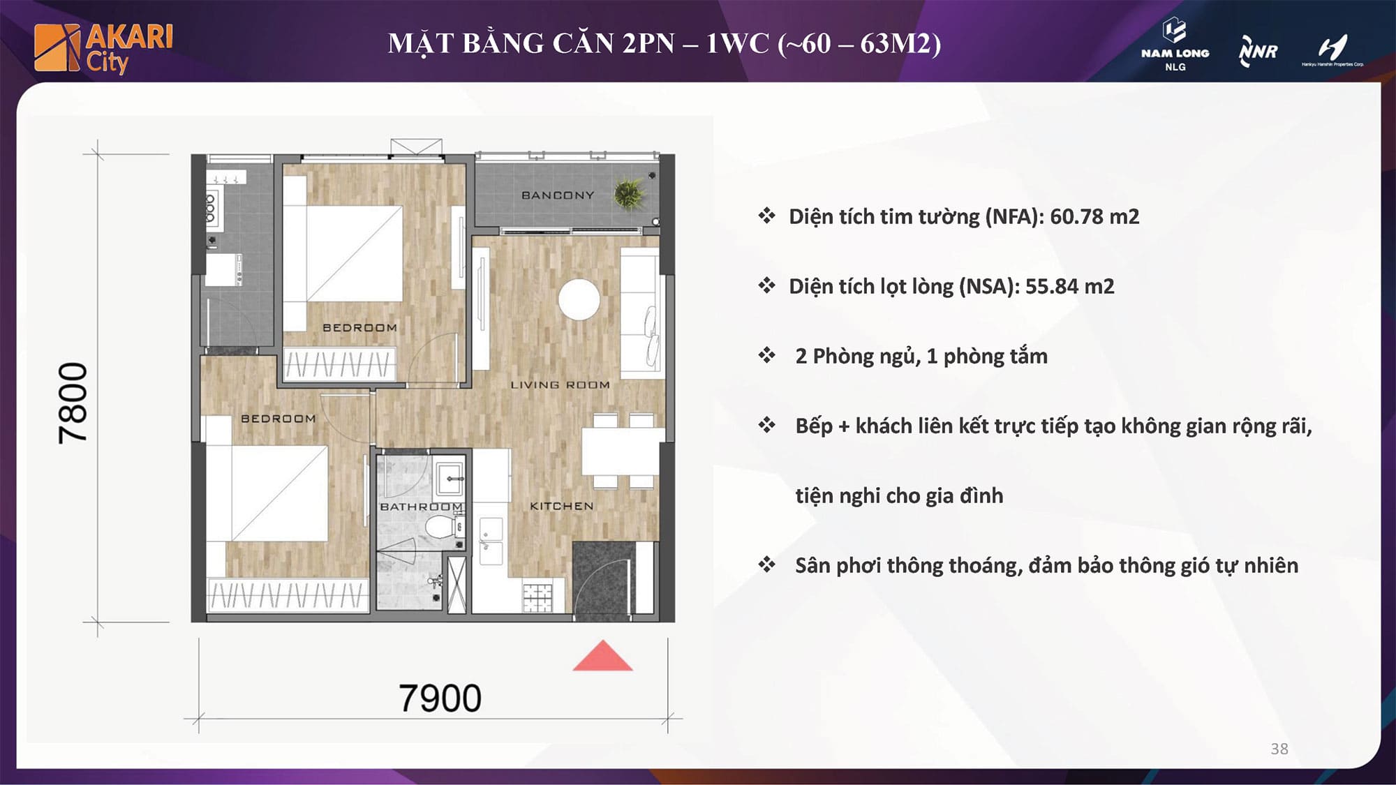 Layout thiết kế căn hộ Akari City Nam Long loại 2 Phòng Ngủ, 1WC diện tích từ 60m2 - 63m2.