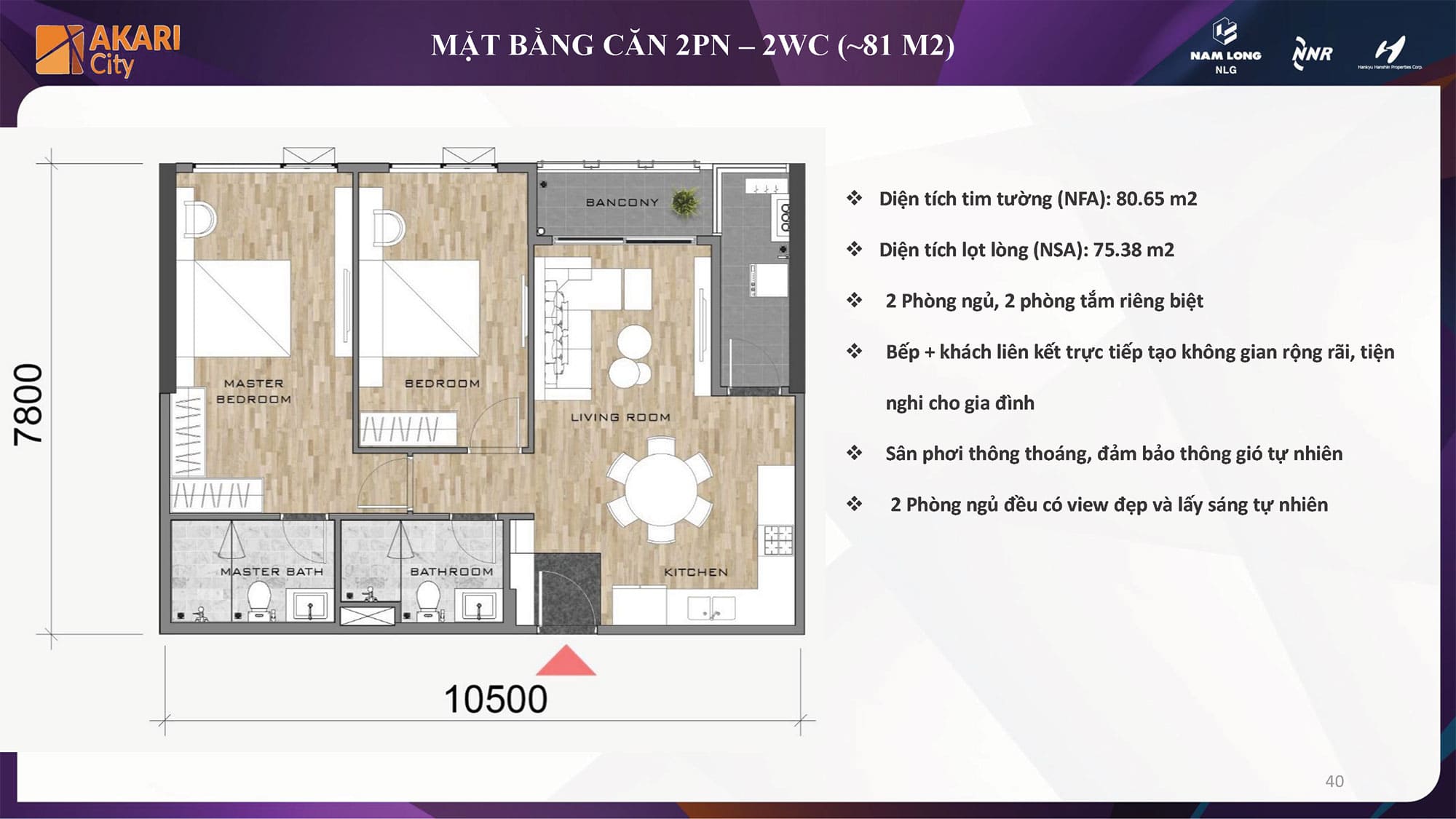 Layout thiết kế căn hộ Akari City Nam Long loại 2 Phòng Ngủ, 2WC diện tích 81m2.
