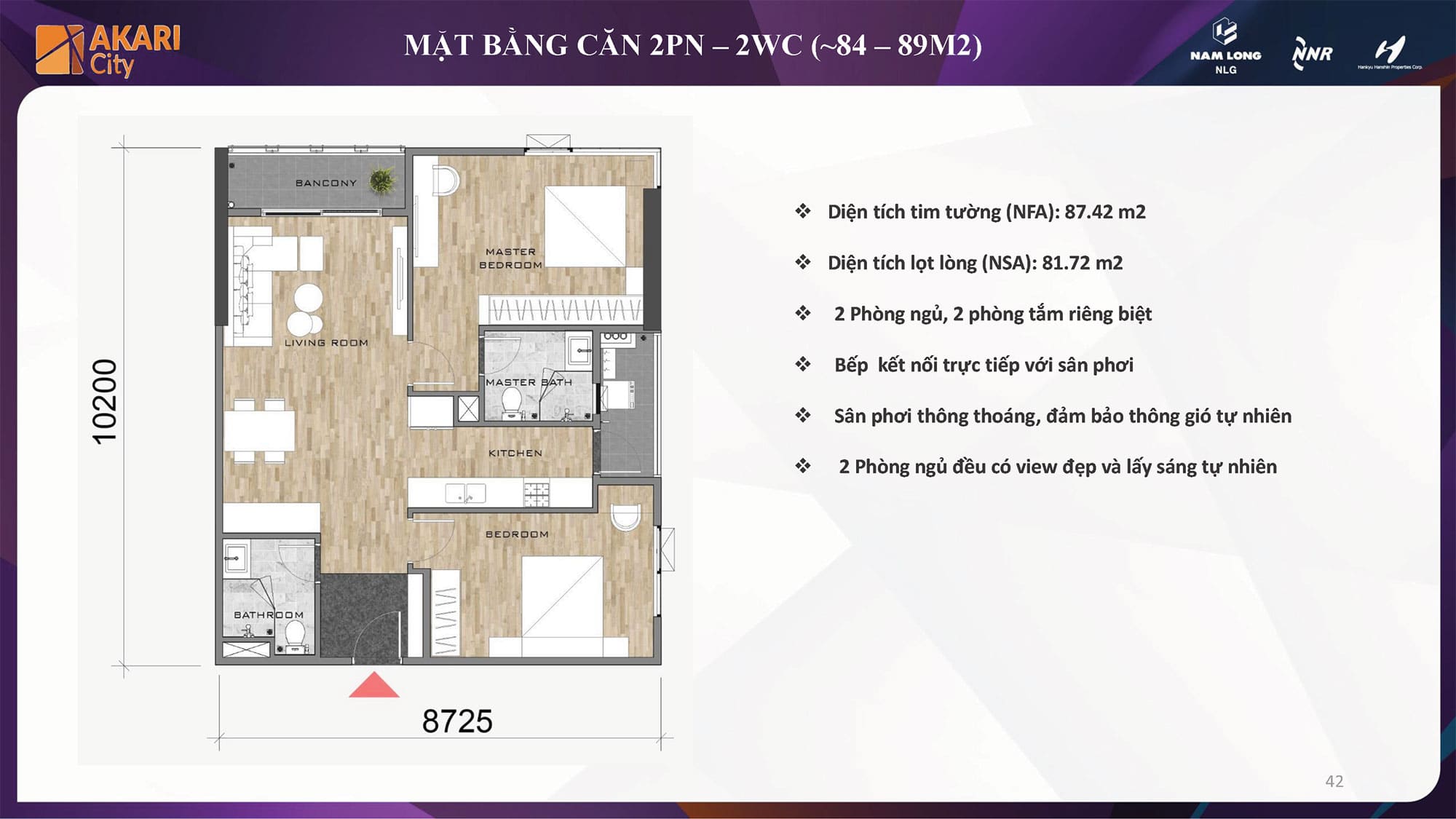 Layout thiết kế căn hộ Akari City Nam Long loại 2 Phòng Ngủ, 2WC diện tích từ 84m2 - 89m2.