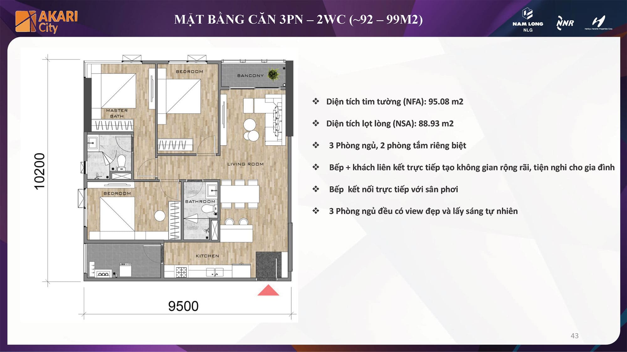 Layout thiết kế căn hộ Akari City Nam Long loại 3 Phòng Ngủ, 2WC diện tích từ 92m2 - 99m2.
