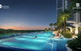 Hồ bơi và khu vườn đẹp mắt tại Masteri Rivera Đà Nẵng, mang đến không gian sống hiện đại và tiện nghi.