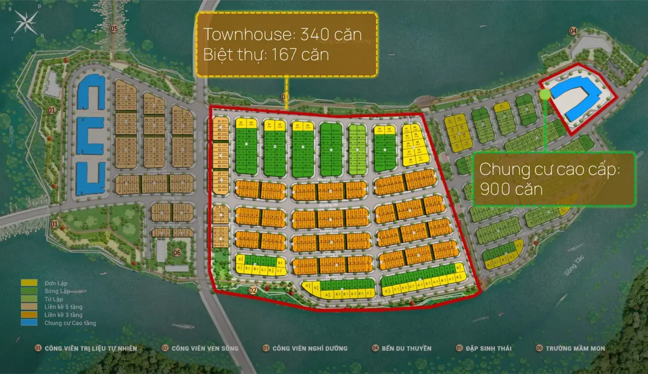 Quy hoạch khu đô thị ven sông với townhouse, biệt thự, và chung cư cao cấp.